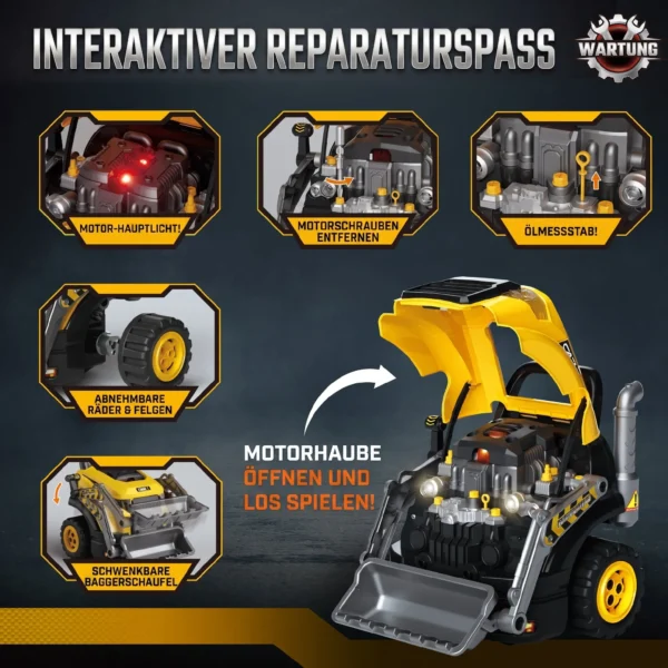Motorspielzeug Kinder 68 teilig Bagger Autoreparaturset Mit Lichtern & Sound Nebelfunktion Geräuschen, Lenkrad Hupe Gelb