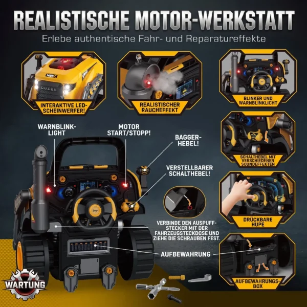 Motorspielzeug Kinder 68 teilig Bagger Autoreparaturset Mit Lichtern & Sound Nebelfunktion Geräuschen, Lenkrad Hupe Gelb