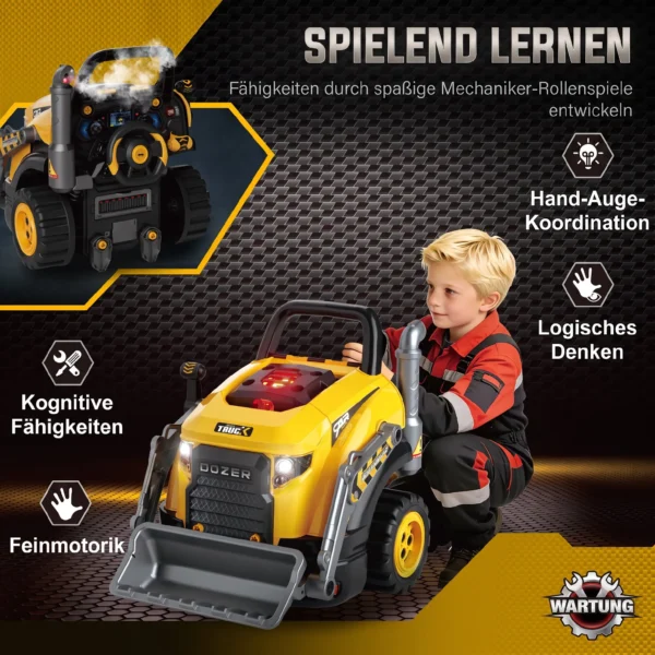 Motorspielzeug Kinder 68 teilig Bagger Autoreparaturset Mit Lichtern & Sound Nebelfunktion Geräuschen, Lenkrad Hupe Gelb