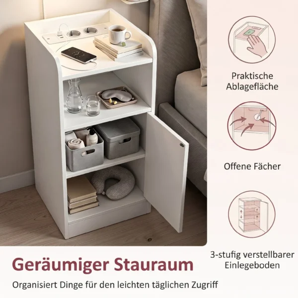 Nachtkastje Set Van 2 Met Oplaadstation, Smal Nachtkastje Met Open Vak, Verstelbare Plank Voor Slaapkamer