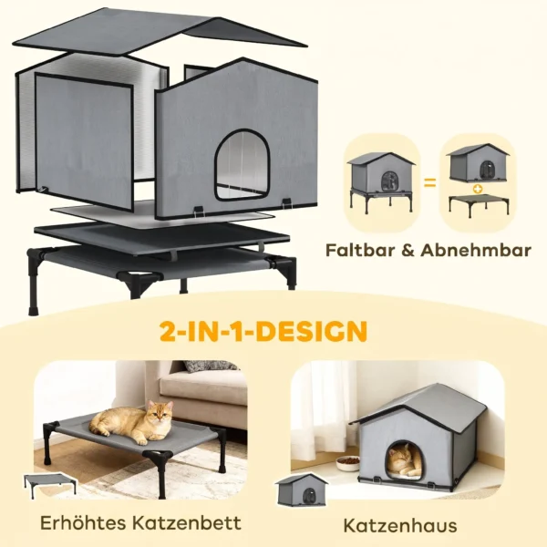 Opvouwbaar Kattenhuis Met Kussen, Verhoogde Waterafstotende Kattenhol 62 X 58,5 X 60 Cm, Grijs
