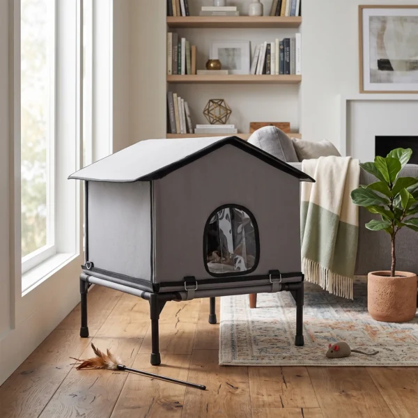 Opvouwbaar Kattenhuis Met Kussen, Verhoogde Waterafstotende Kattenhol 62 X 58,5 X 60 Cm, Grijs