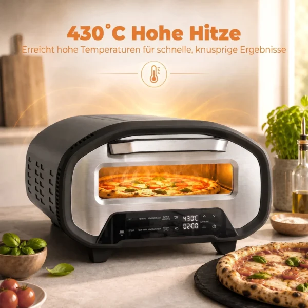 Pizzaoven Voor Binnen, 12 Inch Elektrische Pizzaoven Met 8 Programma's, 430 °C, Timer, Keramische Steen, 2200 W