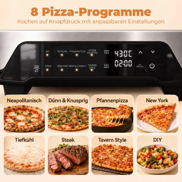 Pizzaoven Voor Binnen, 12 Inch Elektrische Pizzaoven Met 8 Programma's, 430 °C, Timer, Keramische Steen, 2200 W