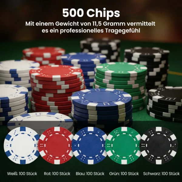Poker Set, 500 Chips, Würfel, 2 Kartendecks, Zubehör, Koffer, Für 10 Spieler