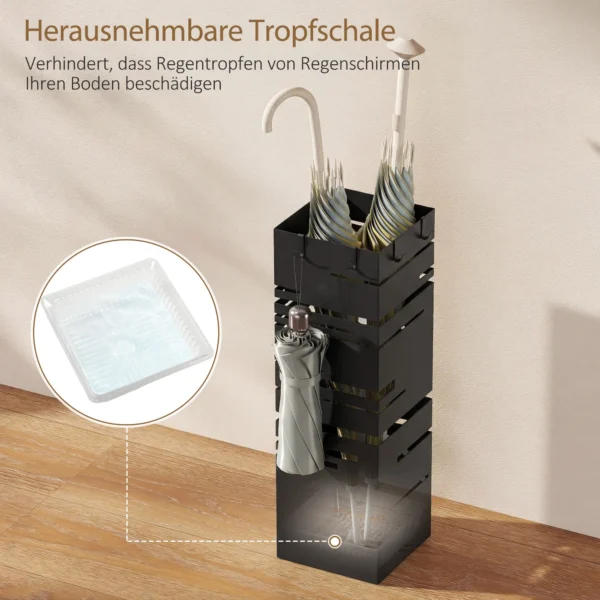 Regenschirmständer Aus Metall Schirmständer Mit Abnehmbarer Wasserauffangschale Und 4 Haken 15,5 X 15,5 X 49 Cm, Schwarz