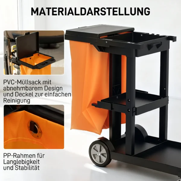 Reinigungswagen Putzwagen Mit 3 Ablagefächern Wischwagen Mit Müllsack Mit Abdeckung, Rollen Für Gewerbe