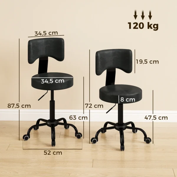 Rollenhocker, Höhenverstellbar 72 87,5 Cm, Massagethocker Mit Gepolsterter Sitzfläche Und Rückenlehne, 360° Drehbar, Schwarz