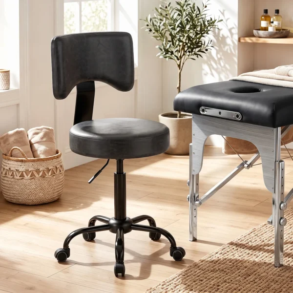Rollenhocker, Höhenverstellbar 72 87,5 Cm, Massagethocker Mit Gepolsterter Sitzfläche Und Rückenlehne, 360° Drehbar, Schwarz