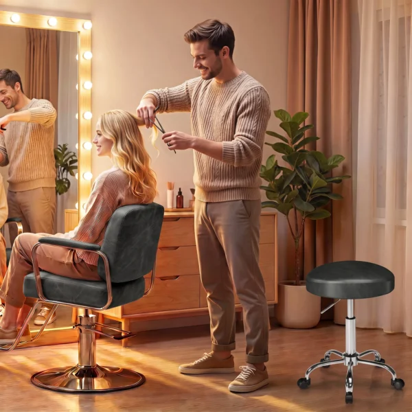 Rollhocker Aus PU Leder, Höhenverstellbarer Salonhocker Mit Gepolsterter Sitzfläche, Drehbarer Beautyhocker Auf Rollen