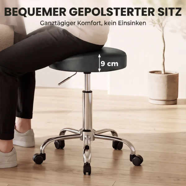 Rollhocker Aus PU Leder, Höhenverstellbarer Salonhocker Mit Gepolsterter Sitzfläche, Drehbarer Beautyhocker Auf Rollen