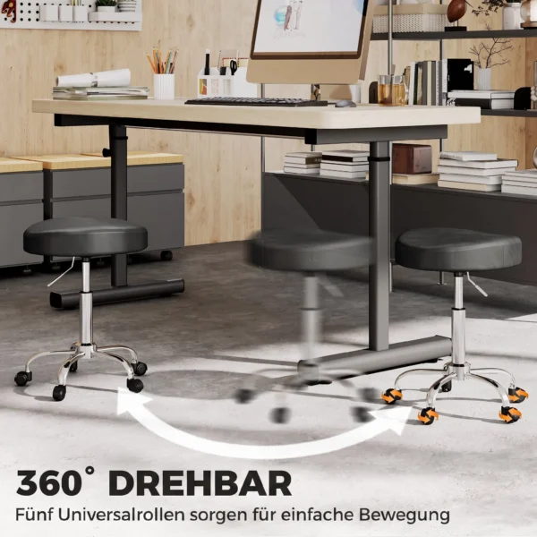 Rollhocker Aus PU Leder, Höhenverstellbarer Salonhocker Mit Gepolsterter Sitzfläche, Drehbarer Beautyhocker Auf Rollen