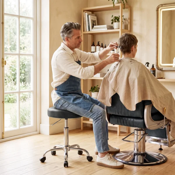 Rollhocker Aus PU Leder, Höhenverstellbarer Salonhocker Mit Gepolsterter Sitzfläche, Drehbarer Beautyhocker Auf Rollen