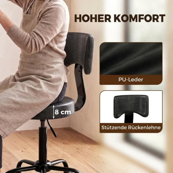 Rollhocker, Höhenverstellbarer Salonstuhl Aus PU Leder Mit Polstersitz, Rückenlehne Und Rollen, Schwarz