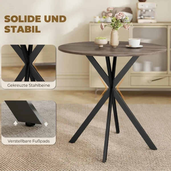 Runder Küchentisch, 80 Cm, Kompakte Tischplatte, Spanplatte, Metall, Braun