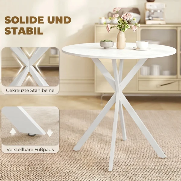 Runder Küchentisch, 80 Cm, Kompakte Tischplatte, Spanplatte, Metall, Weiß