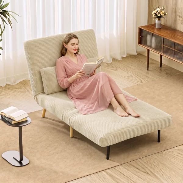 Schlafsessel 3 in 1, Ausklappbarer Sessel Aus Cord Mit Schlaffunktion Verstellbare Rückenlehne, Kissen, Beige