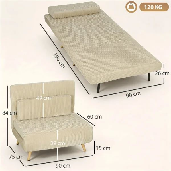 Schlafsessel 3 in 1, Ausklappbarer Sessel Aus Cord Mit Schlaffunktion Verstellbare Rückenlehne, Kissen, Beige
