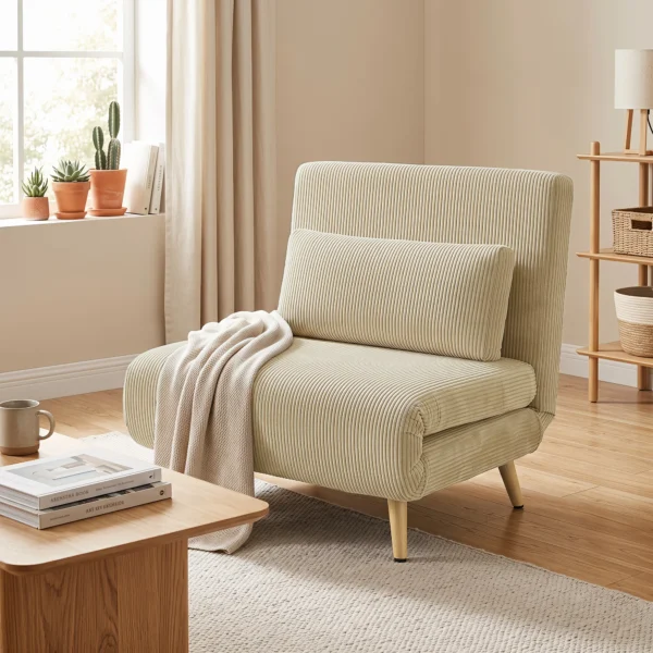 Schlafsessel 3 in 1, Ausklappbarer Sessel Aus Cord Mit Schlaffunktion Verstellbare Rückenlehne, Kissen, Beige