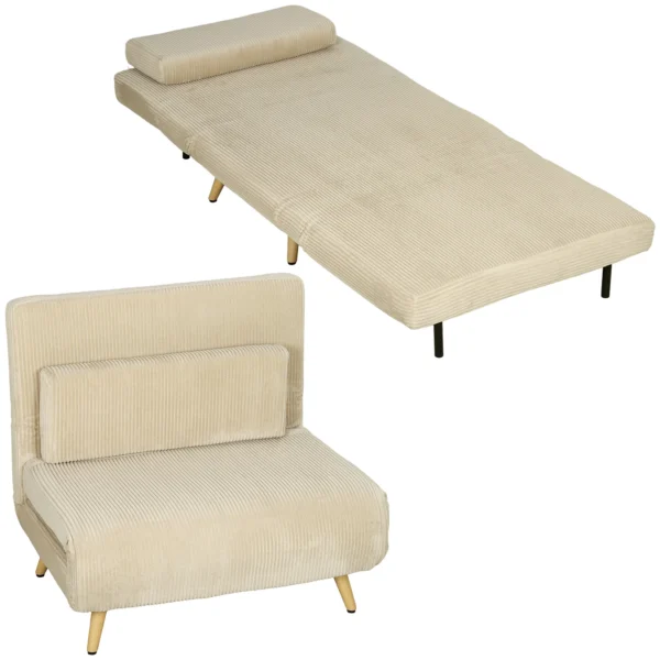 Schlafsessel 3 in 1, Ausklappbarer Sessel Aus Cord Mit Schlaffunktion Verstellbare Rückenlehne, Kissen, Beige
