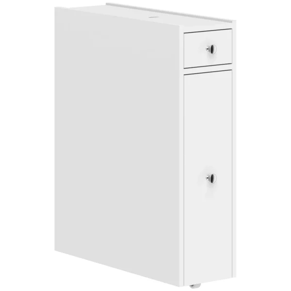 Schmaler Badezimmerschrank, Badschrank Stehend Mit 2 Schubladen, Weiß
