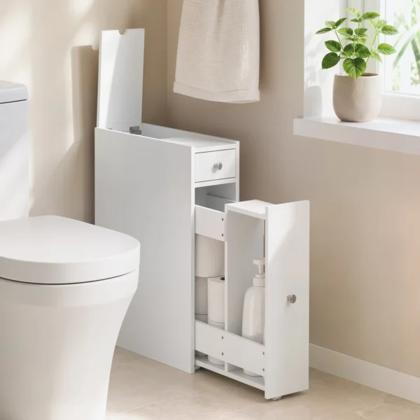 Schmaler Badezimmerschrank, Badschrank Stehend Mit 2 Schubladen, Weiß