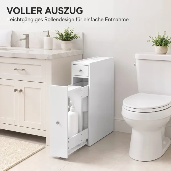 Schmaler Badezimmerschrank, Badschrank Stehend Mit 2 Schubladen, Weiß