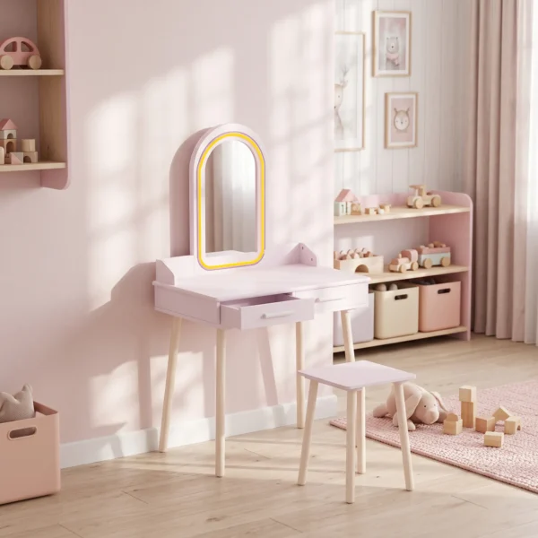 Schmink Set Für Mädchen Mit Hocker, Acrylspiegel, 3 Farben LED, 2 Schubladen, 3 8 Jahre, Rosa