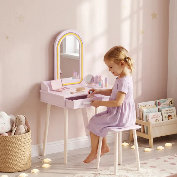 Schmink Set Für Mädchen Mit Hocker, Acrylspiegel, 3 Farben LED, 2 Schubladen, 3 8 Jahre, Rosa