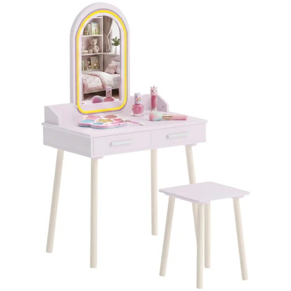 Schmink Set Für Mädchen Mit Hocker, Acrylspiegel, 3 Farben LED, 2 Schubladen, 3 8 Jahre, Rosa