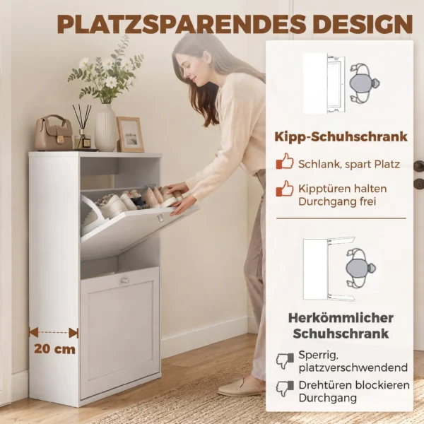 Schoenenkast Met 2 Klapvakken, Verstelbare Legplanken, Voor Maximaal 8 Paar Schoenen, Wit