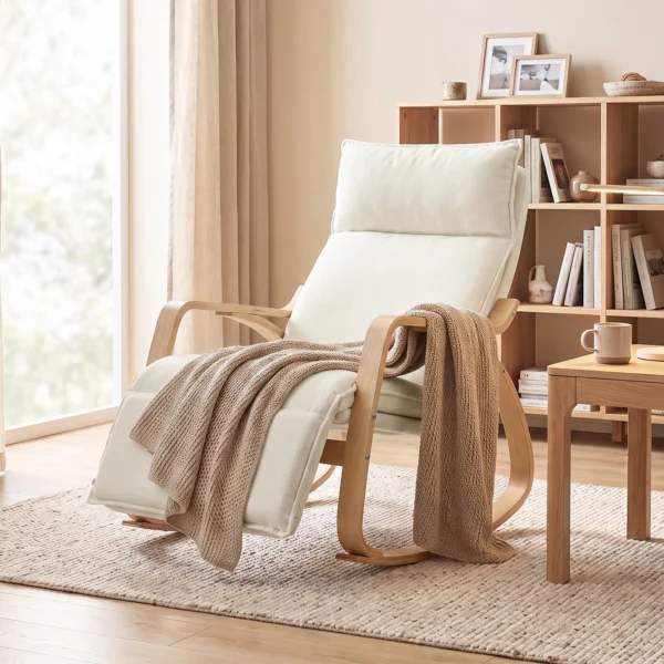 Schommelstoel In Linnenlook Met 5 voudig Verstelbare Voetensteun En Linnenlook, Voor Woonkamer, Crèmewit