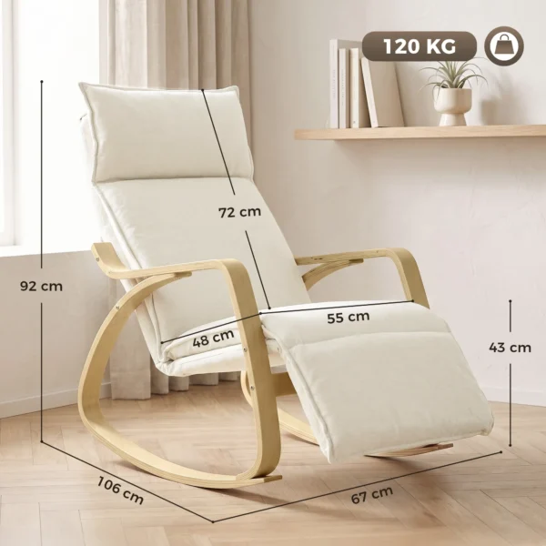 Schommelstoel In Linnenlook Met 5 voudig Verstelbare Voetensteun En Linnenlook, Voor Woonkamer, Crèmewit