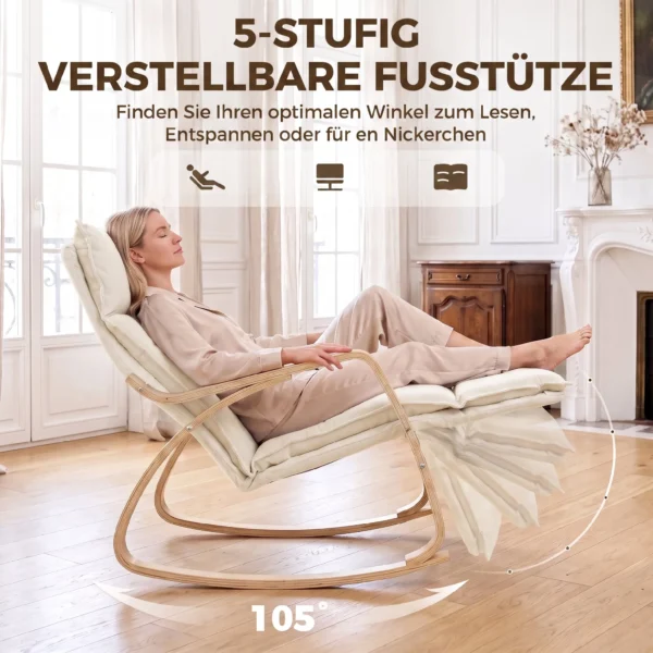 Schommelstoel In Linnenlook Met 5 voudig Verstelbare Voetensteun En Linnenlook, Voor Woonkamer, Crèmewit