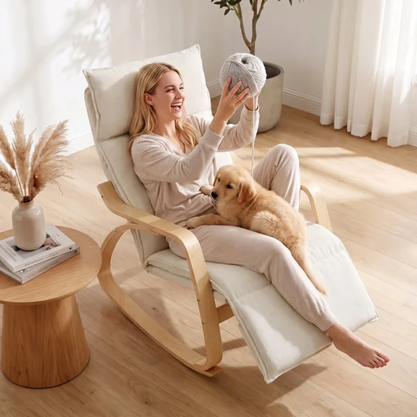 Schommelstoel In Linnenlook Met 5 voudig Verstelbare Voetensteun En Linnenlook, Voor Woonkamer, Crèmewit