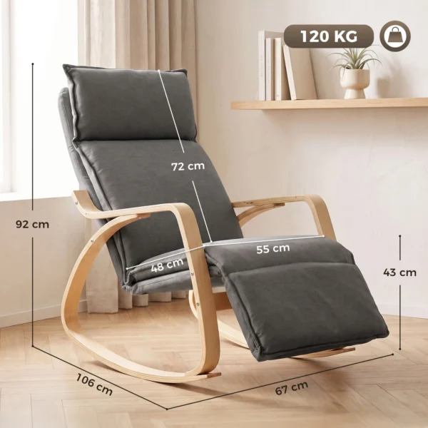 Schommelstoel In Linnenlook Met 5 voudig Verstelbare Voetensteun En Linnenlook, Voor Woonkamer, Donkergrijs