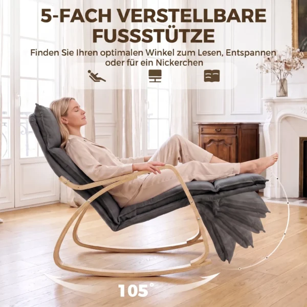 Schommelstoel In Linnenlook Met 5 voudig Verstelbare Voetensteun En Linnenlook, Voor Woonkamer, Donkergrijs