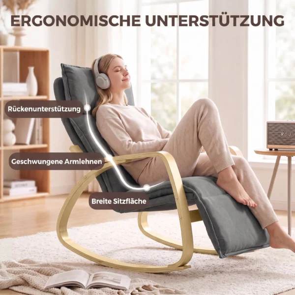 Schommelstoel In Linnenlook Met 5 voudig Verstelbare Voetensteun En Linnenlook, Voor Woonkamer, Donkergrijs