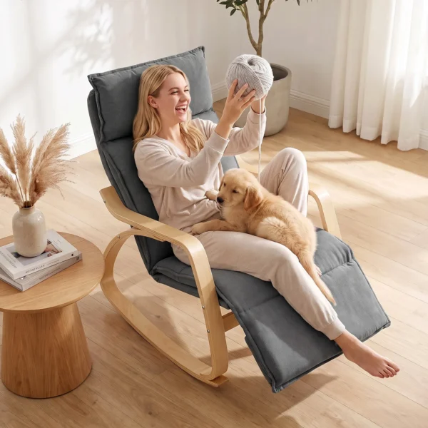 Schommelstoel In Linnenlook Met 5 voudig Verstelbare Voetensteun En Linnenlook, Voor Woonkamer, Donkergrijs