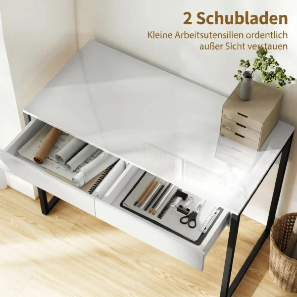 Schreibtisch 100 X 50 Cm Computertisch Bürotisch Mit 2 Schubladen, Für Kleine Räume, Weiß
