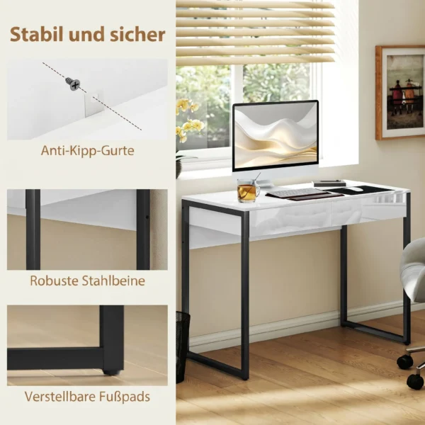 Schreibtisch 100 X 50 Cm Computertisch Bürotisch Mit 2 Schubladen, Für Kleine Räume, Weiß