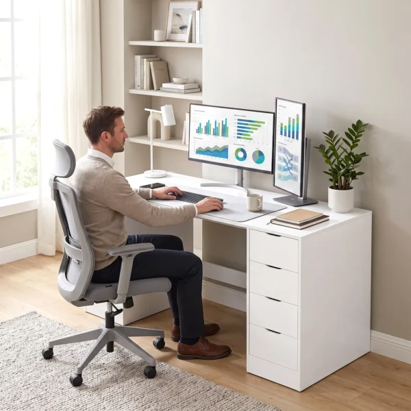 Schreibtisch 140 Cm Mit 8 Schubladen, Moderner Bürotisch Mit Stauraum, Weiße Holzoptik