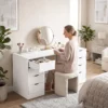 Schreibtisch 140 Cm Mit 8 Schubladen, Moderner Bürotisch Mit Stauraum, Weiße Holzoptik
