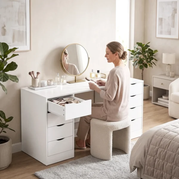 Schreibtisch 140 Cm Mit 8 Schubladen, Moderner Bürotisch Mit Stauraum, Weiße Holzoptik