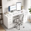 Schreibtisch 140 Cm Mit 8 Schubladen, Moderner Bürotisch Mit Stauraum, Weiße Holzoptik