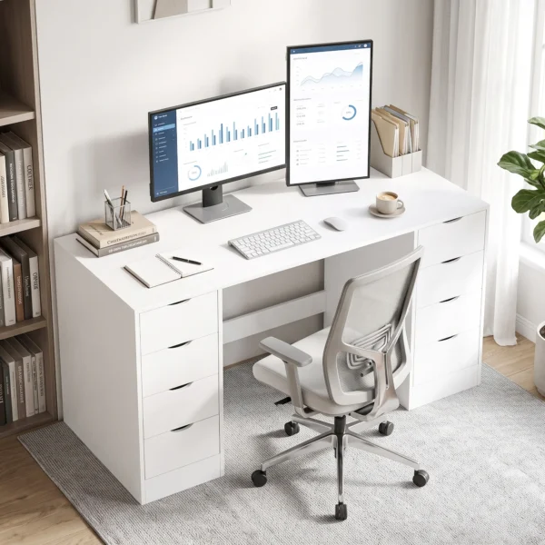 Schreibtisch 140 Cm Mit 8 Schubladen, Moderner Bürotisch Mit Stauraum, Weiße Holzoptik