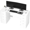 Schreibtisch 140 Cm Mit 8 Schubladen, Moderner Bürotisch Mit Stauraum, Weiße Holzoptik