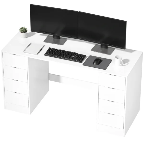 Schreibtisch 140 Cm Mit 8 Schubladen, Moderner Bürotisch Mit Stauraum, Weiße Holzoptik
