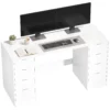 Schreibtisch 140 Cm Mit 8 Schubladen, Moderner Bürotisch Mit Stauraum, Weiße Holzoptik