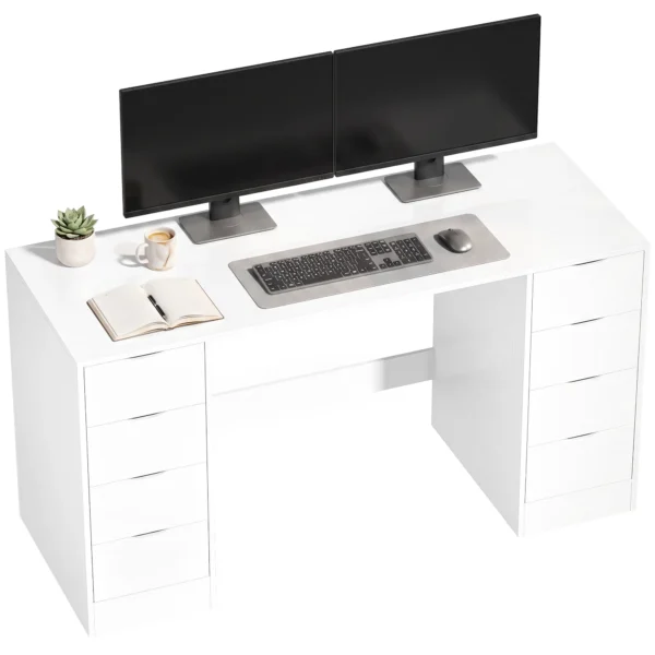 Schreibtisch 140 Cm Mit 8 Schubladen, Moderner Bürotisch Mit Stauraum, Weiße Holzoptik
